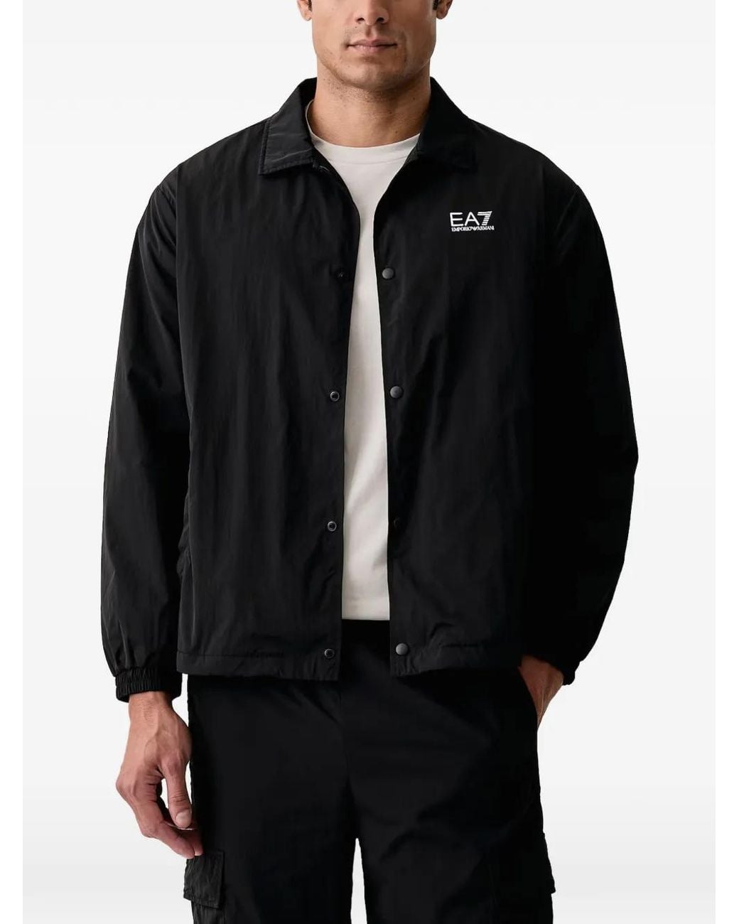 EA7 Black Logo-Print Press-Stud Jacket for men