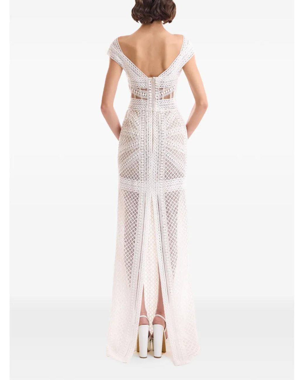 Gemy Maalouf White Geometric-Lace Off-Shoulder Dress