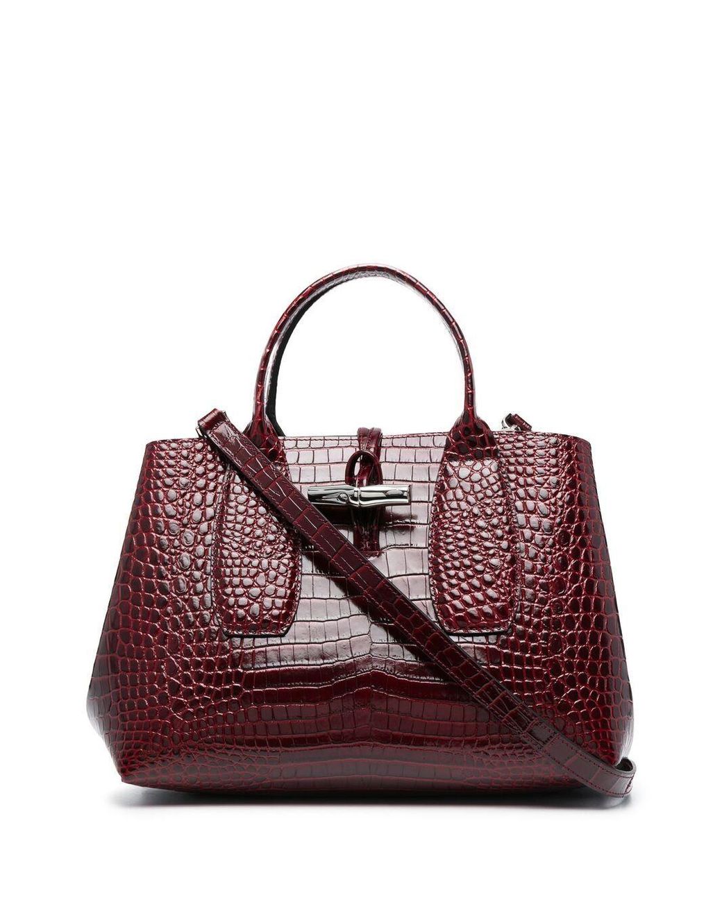 Longchamp Leather Roseau Crocodile Embossed Medium Tote Bag in Red - Lyst