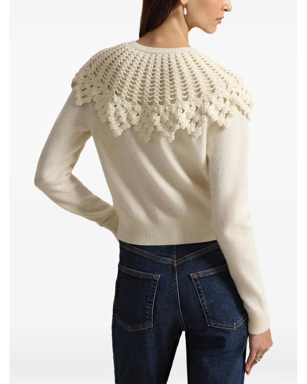 Polo Ralph Lauren White Crochet-Yoke Wool-Alpaca Cardigan