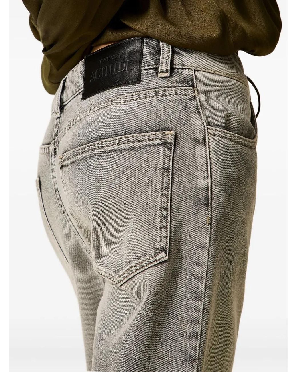 Twinset Gray Cuffed-Hemline Logo-Patch Denim Jeans