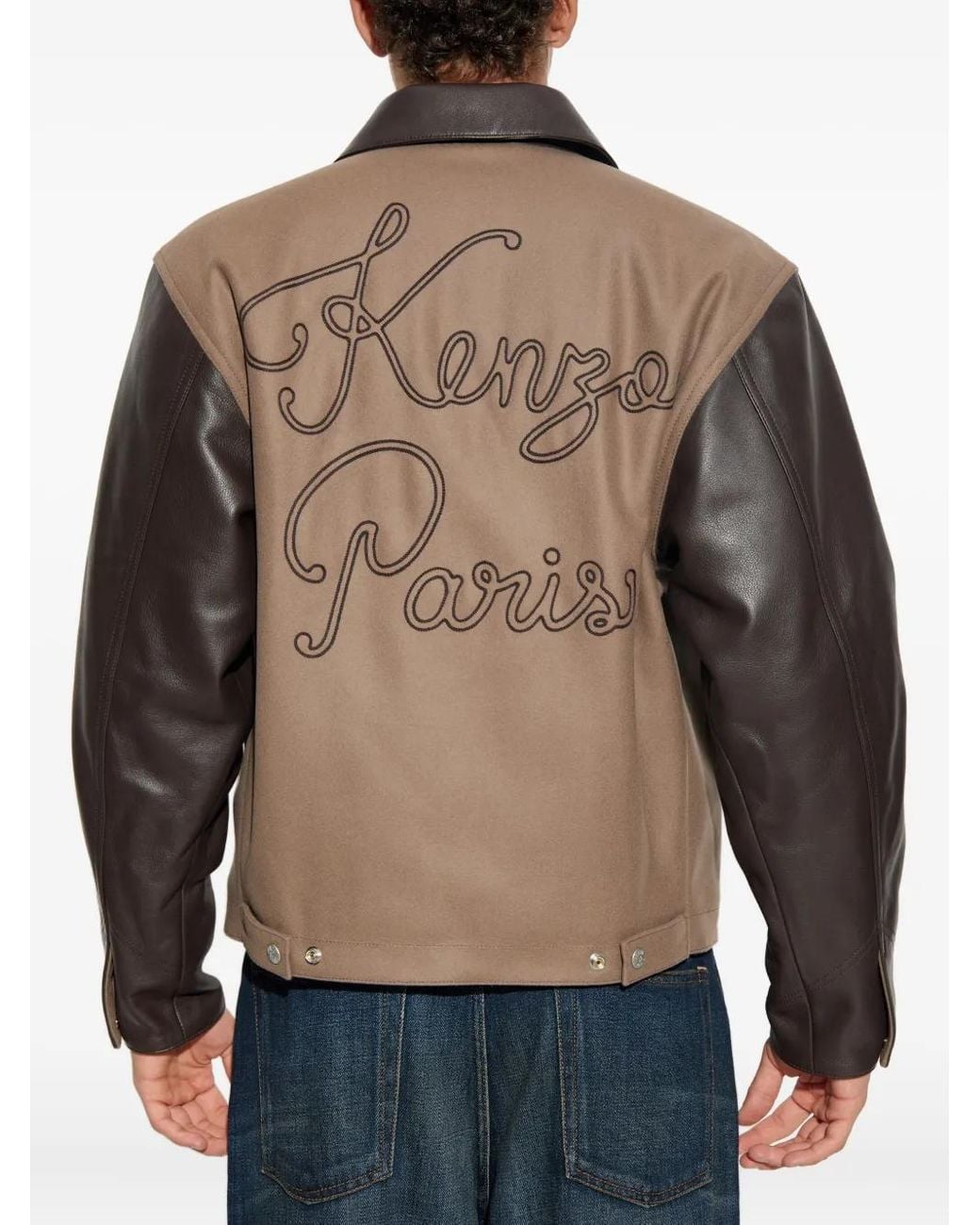 KENZO Brown Embroidered Leather-Sleeves Jacket for men