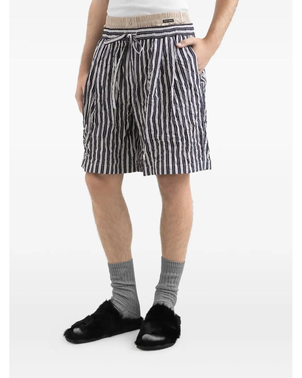 Dolce & Gabbana Black Crinkled Striped Fabric Bermuda Shorts for men