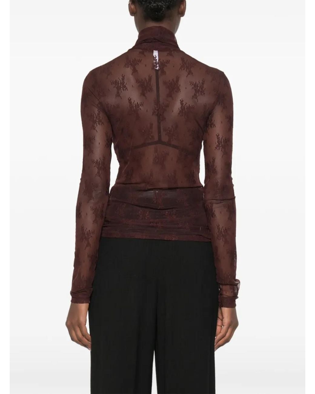 Imperial Brown Lace-Embroidered High-Neck Top