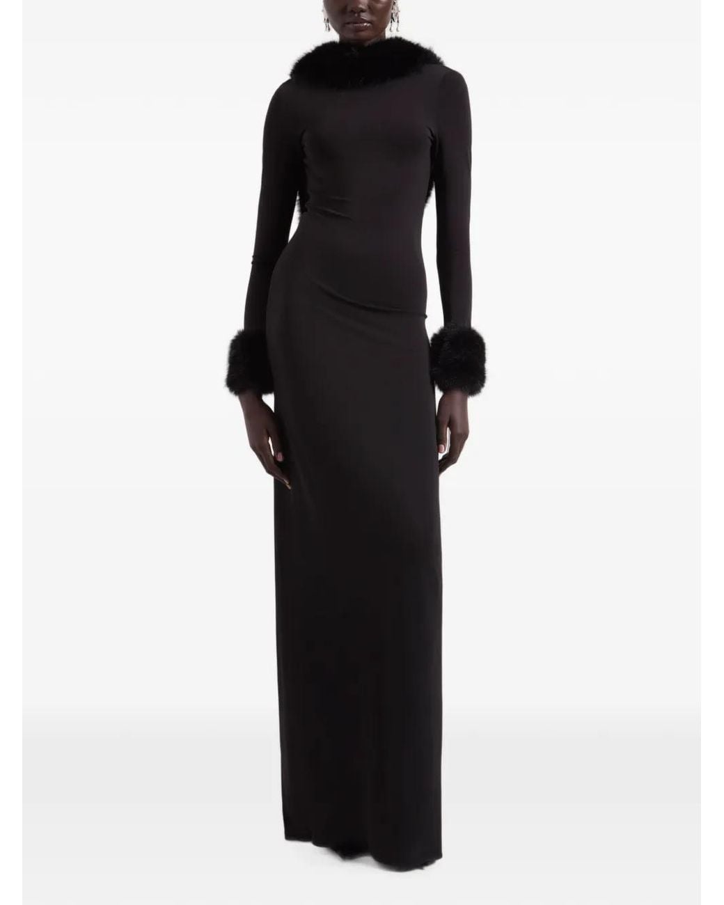 Nina Ricci Black Faux-Fur Open-Back Maxi Dress