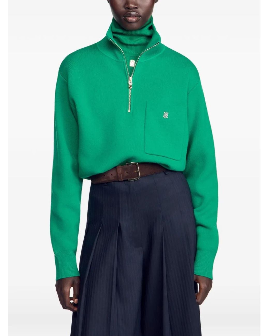Sandro Green Half-Zip Chest-Pocket Sweatshirt