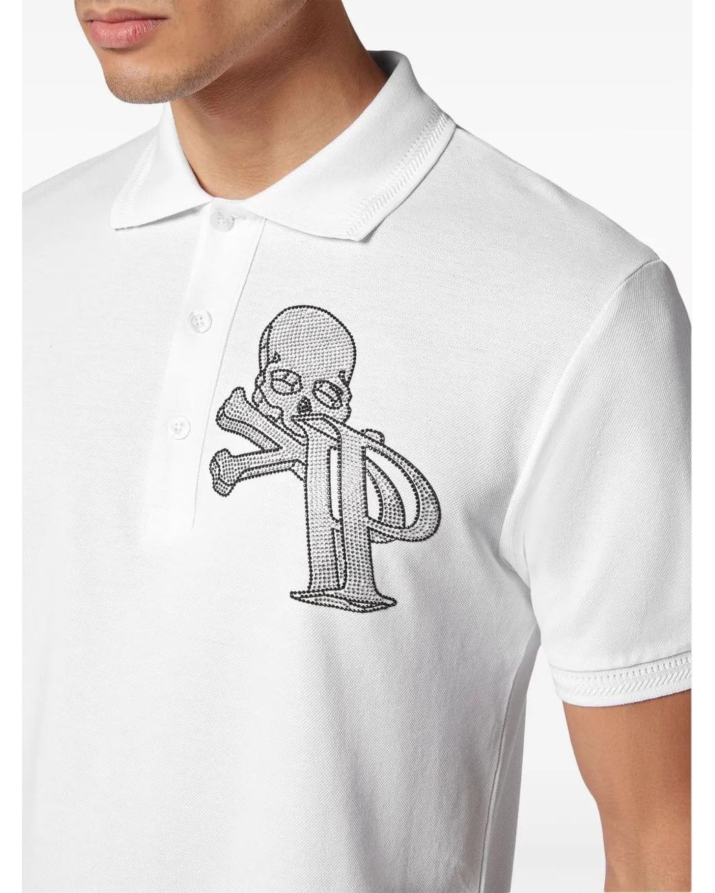 Philipp Plein White Wire Frame Crystal-Embellished Polo Shirt for men