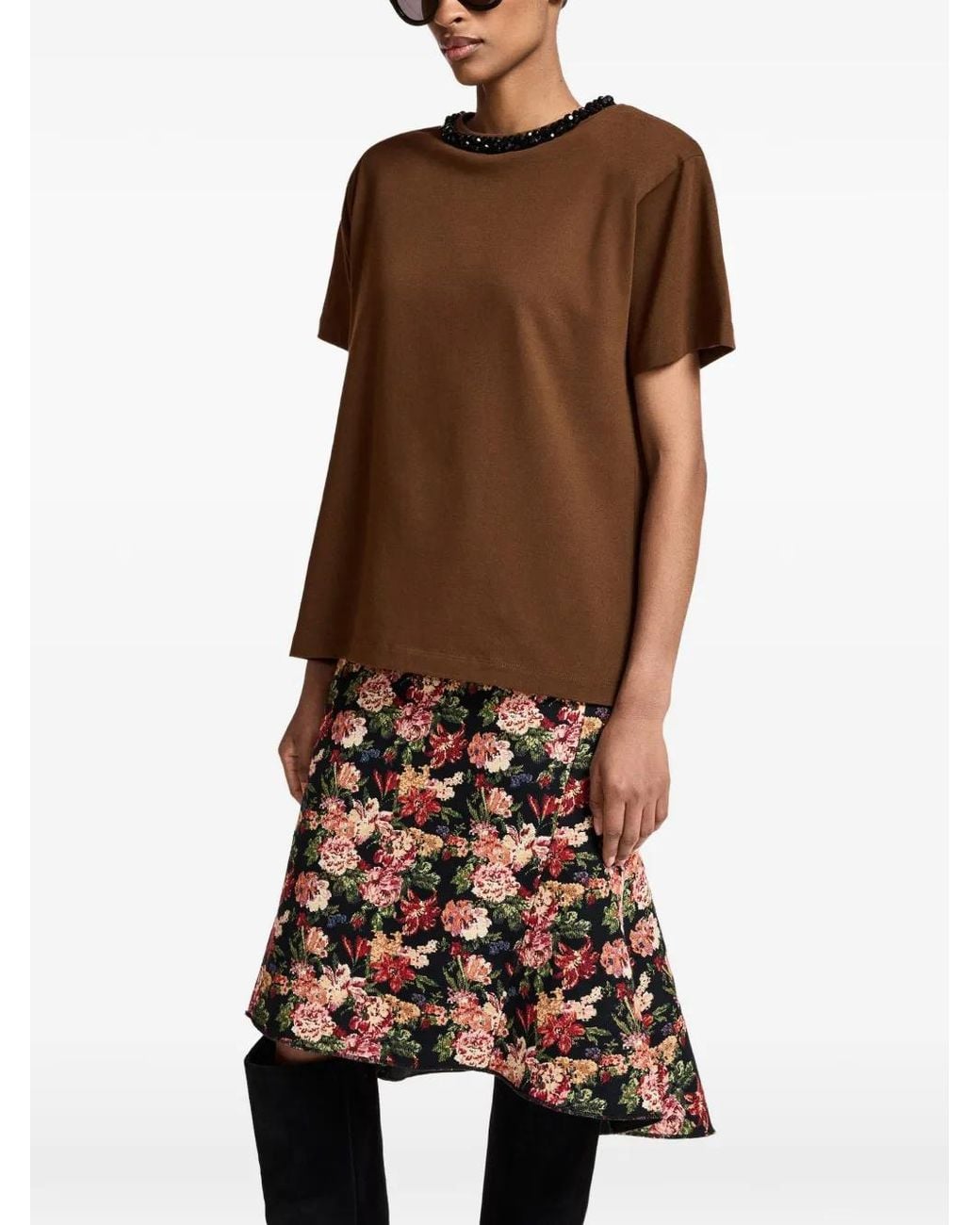 Essentiel Antwerp Brown Crystal-Embellished Padded-Shoulder T-Shirt