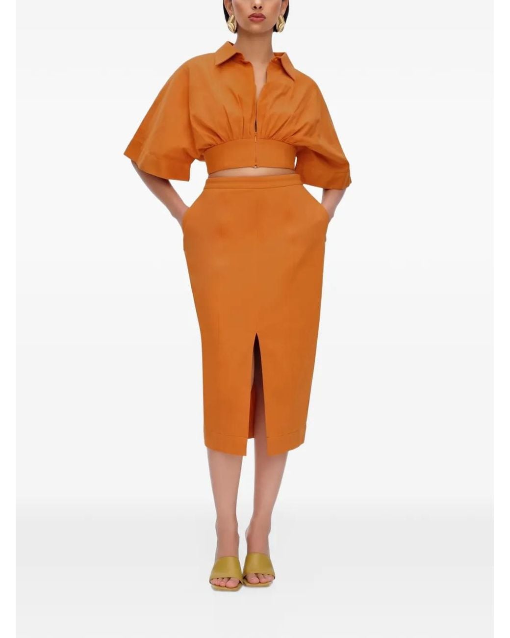 ANDREA IYAMAH Orange Alu Front-Slit Midi Skirt