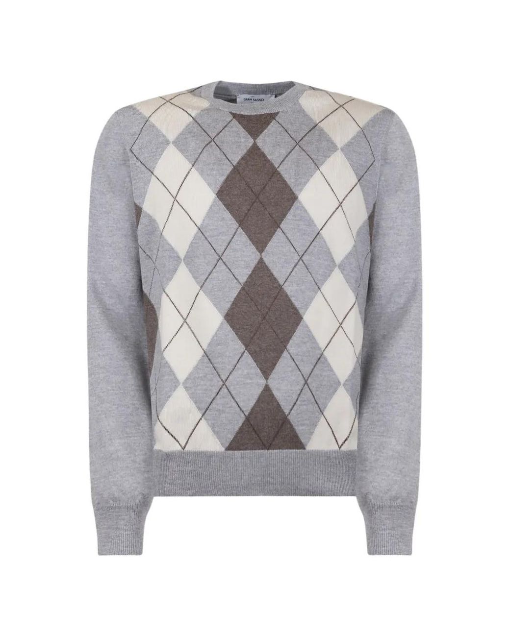 Gran Sasso Gray Argyle-Knit Crew-Neck Sweater for men