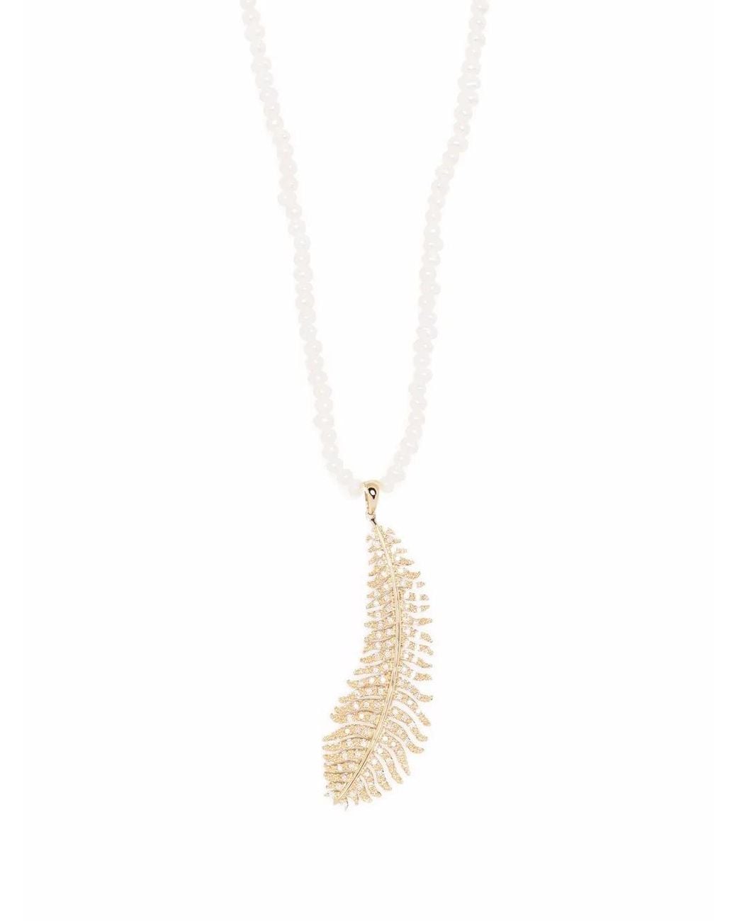 Mizuki White 14Kt Long Dancing Pearl Large Diamond Feather Necklace