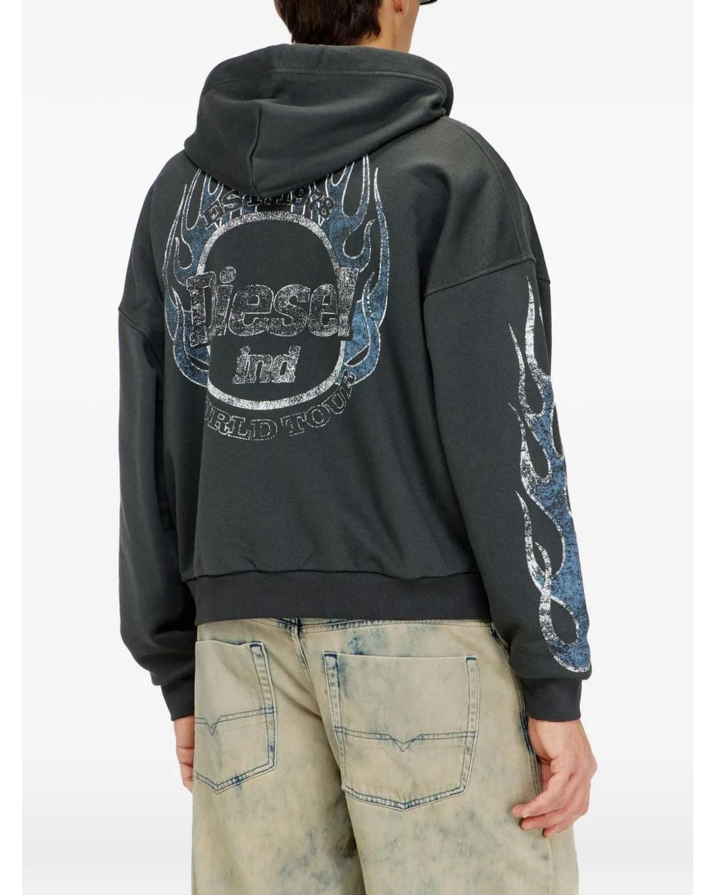 DIESEL Black Zip-Up Hoodie With Crack Print for men