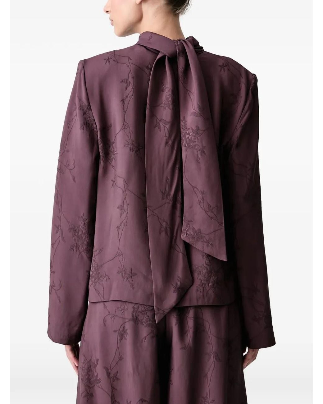 Stine Goya Purple Floral-Embroidered Pussy-Bow Blouse