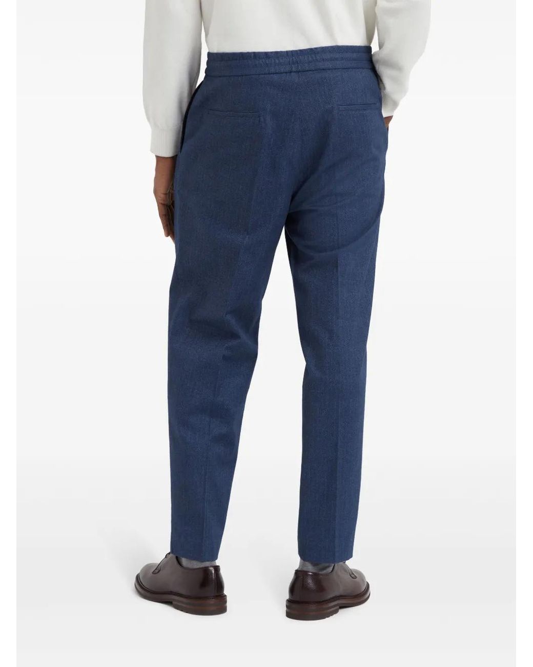 Brunello Cucinelli Blue Drawstring-Waistband Cotton Tapered Trousers for men