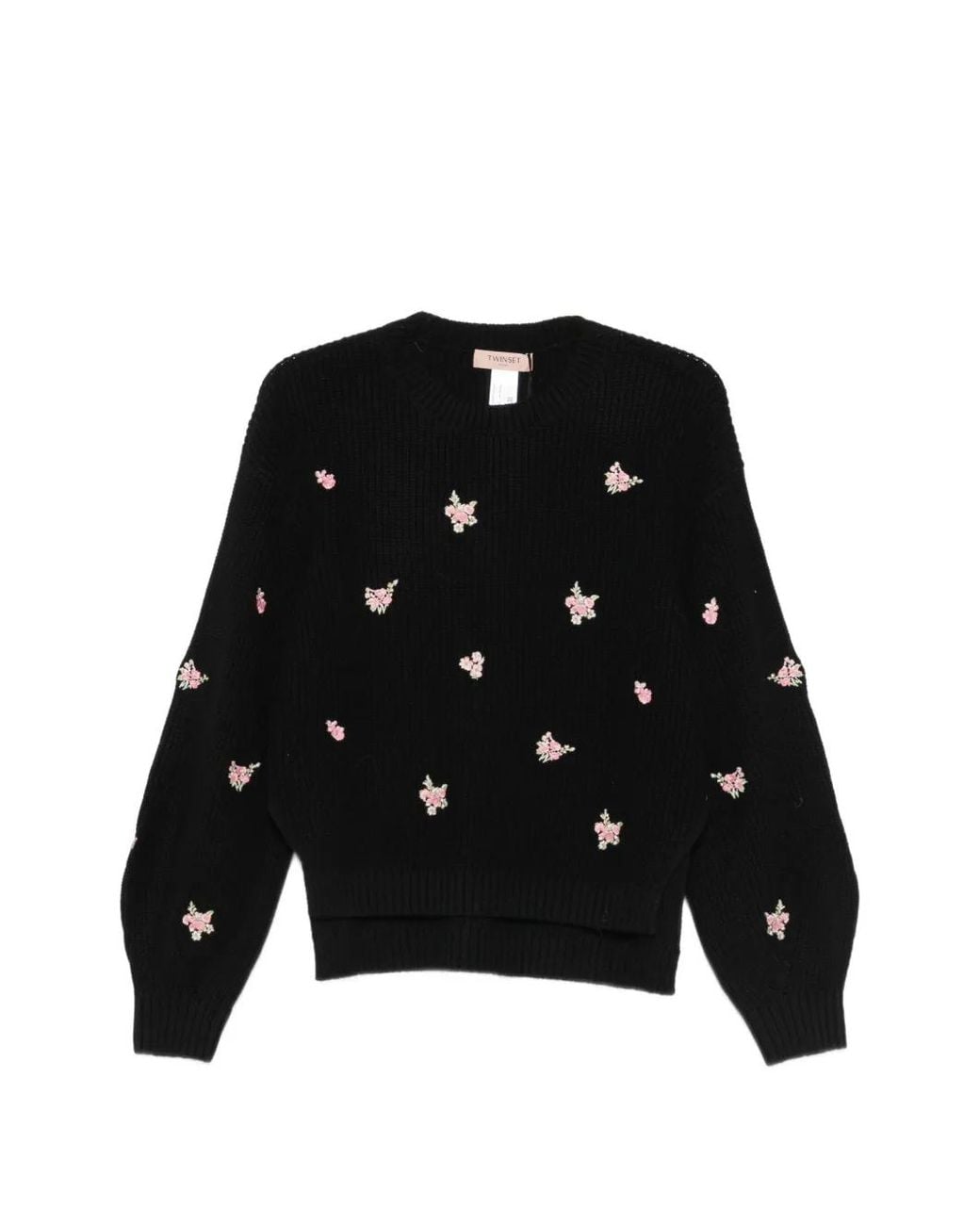 Twinset Black Floral-Embroidered Ribbed-Knit Sweater