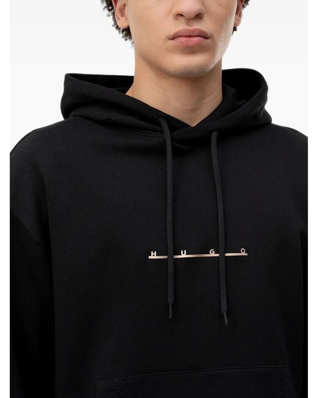 HUGO Black Logo-Print Cotton-Jersey Hoodie for men