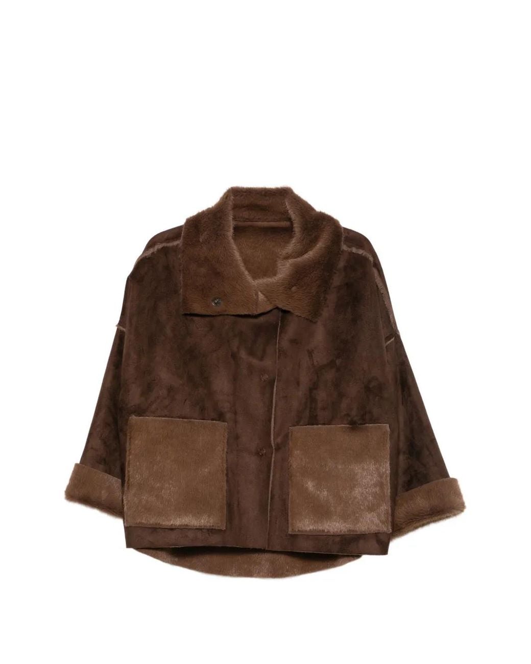 Collection Privée Brown Shearling-Trim Panelled Coat