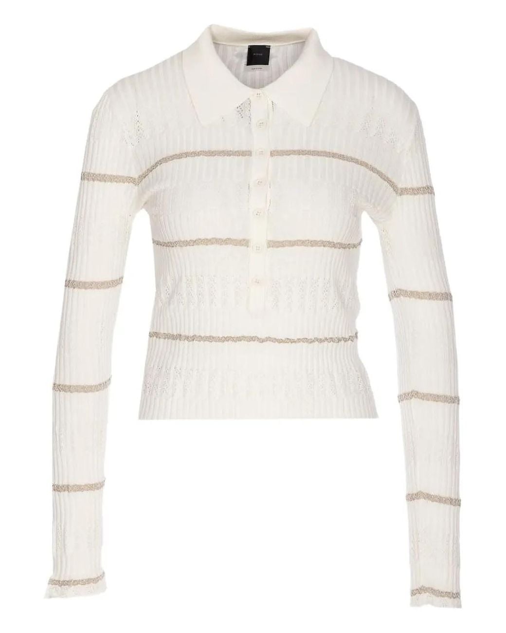 Pinko White Stripe-Ribbed Polo Top