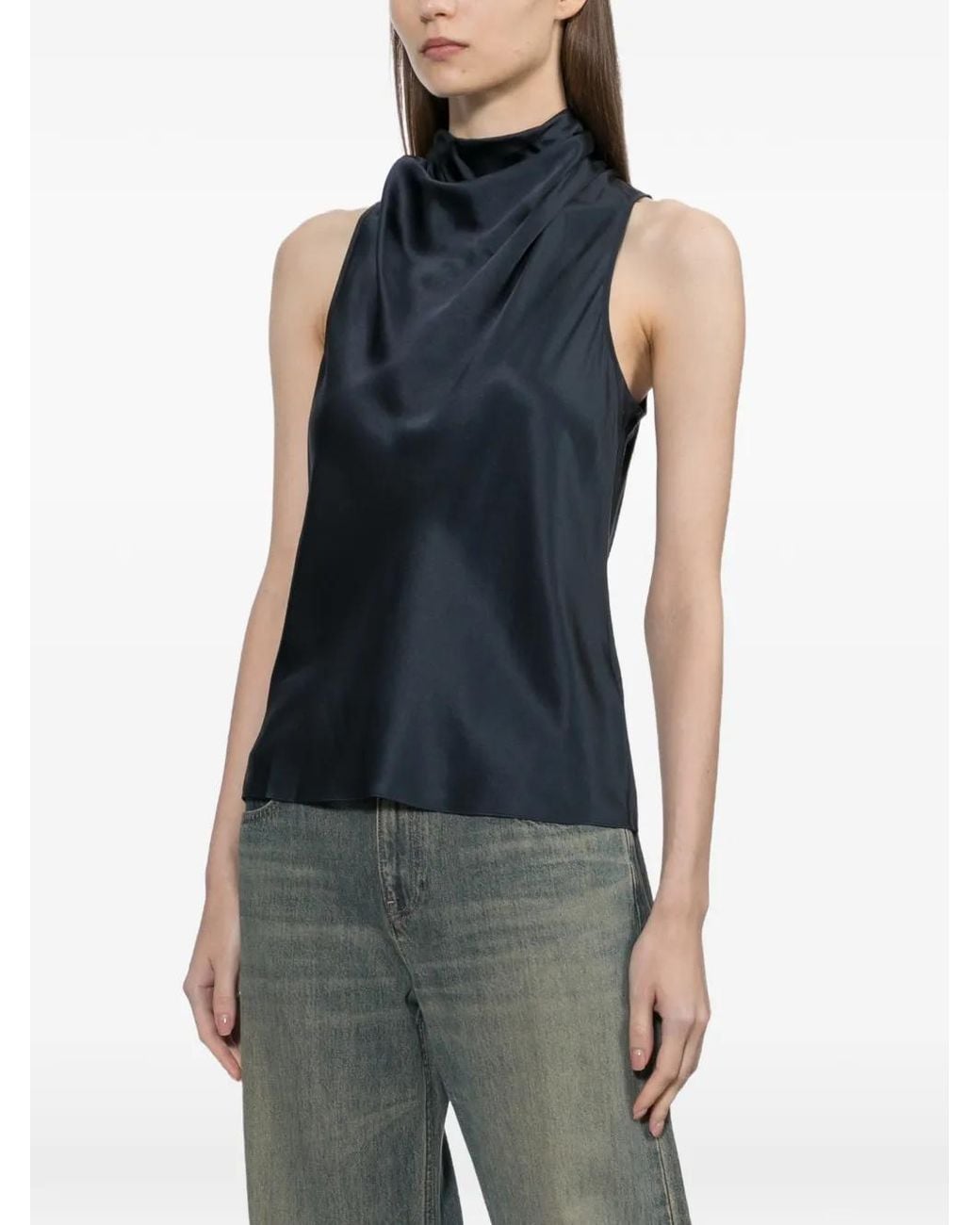 Helmut Lang Blue Ruffled Silk Top