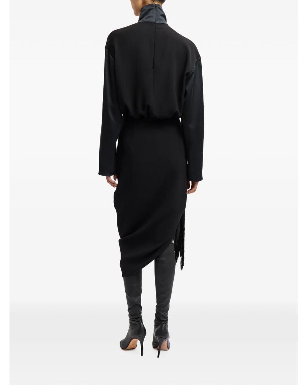 16Arlington Black Ofanto Draped Fringe-Trimmed Midi Skirt