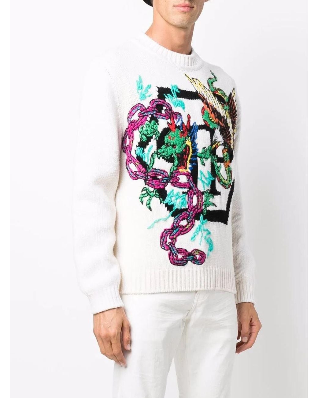 Philipp Plein White Patterned Intarsia-Knit Jumper