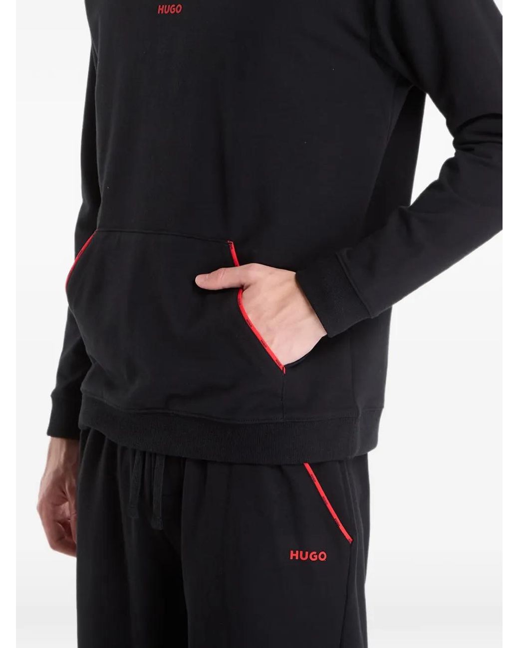 HUGO Black Logo-Print Pouch-Pocket Hoodie for men