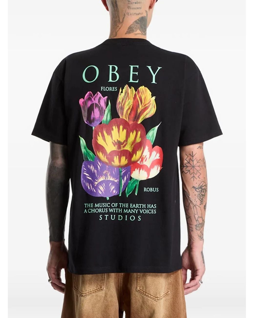 Obey Black Logo-Print Floral-Print T-Shirt for men