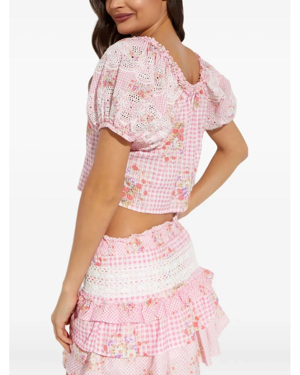 LoveShackFancy Red Checked-Pattern Flower-Embellishment Blouse