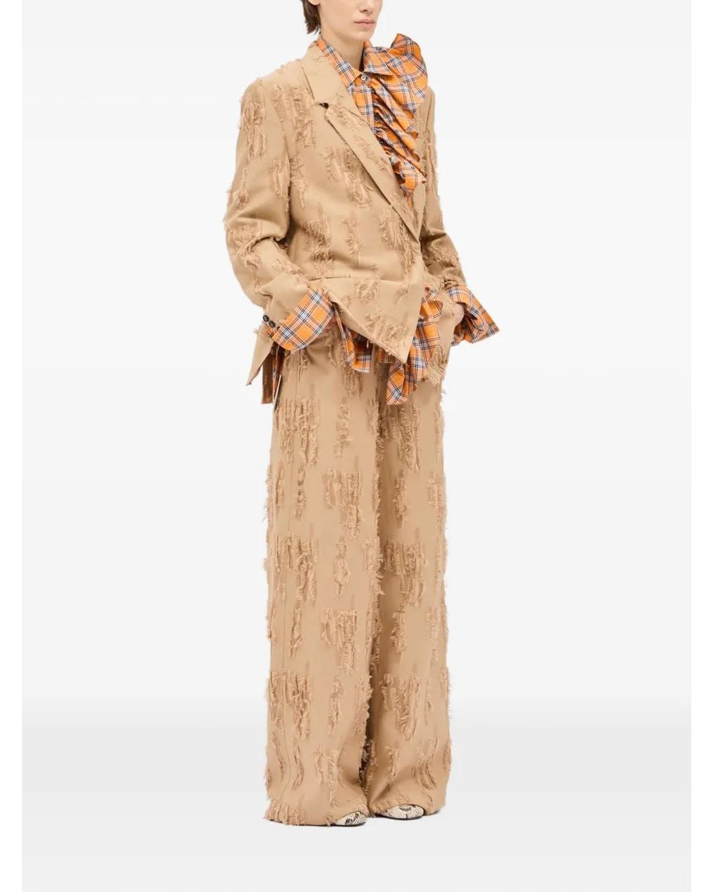 MSGM Orange Ruffled Check Shirt
