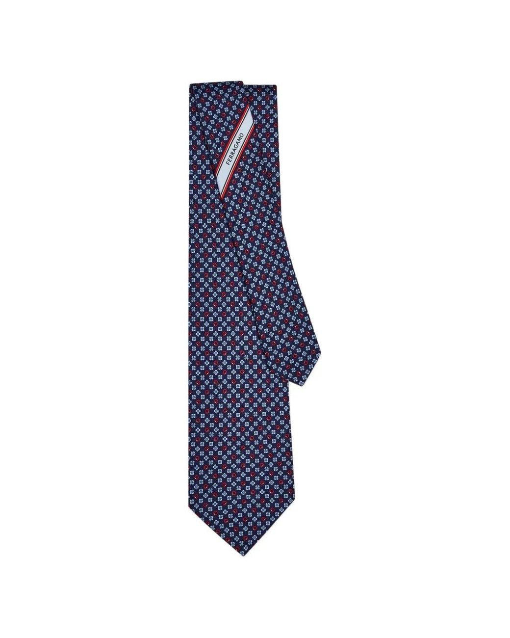 Ferragamo Blue Gancini Flower Print Silk Tie for men