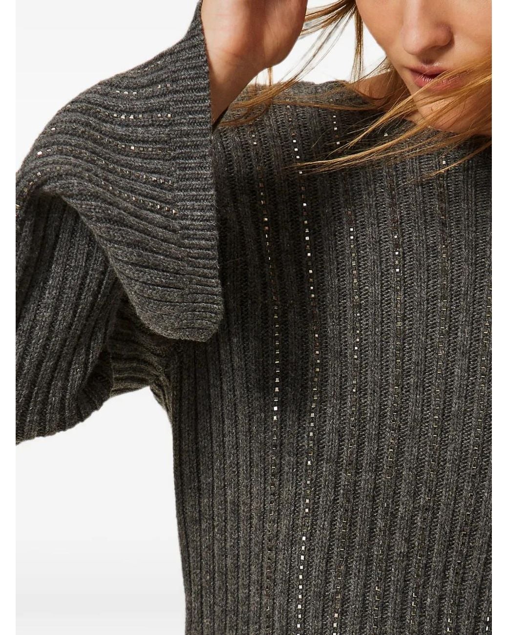 Twinset Gray Pull En Maille Côtelée À Détails De Strass