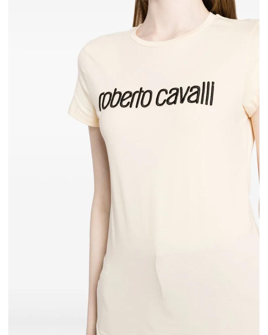 Roberto Cavalli Natural Logo-Embroidered Stretch-Cotton T-Shirt