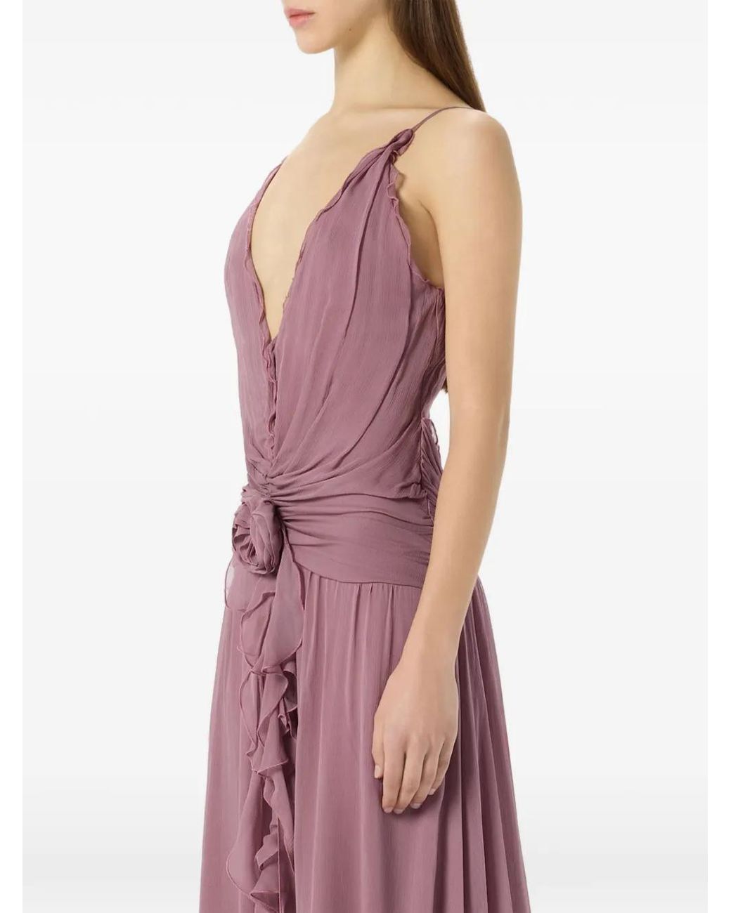 Blumarine Purple Rose-Detail V-Neck Maxi Gown