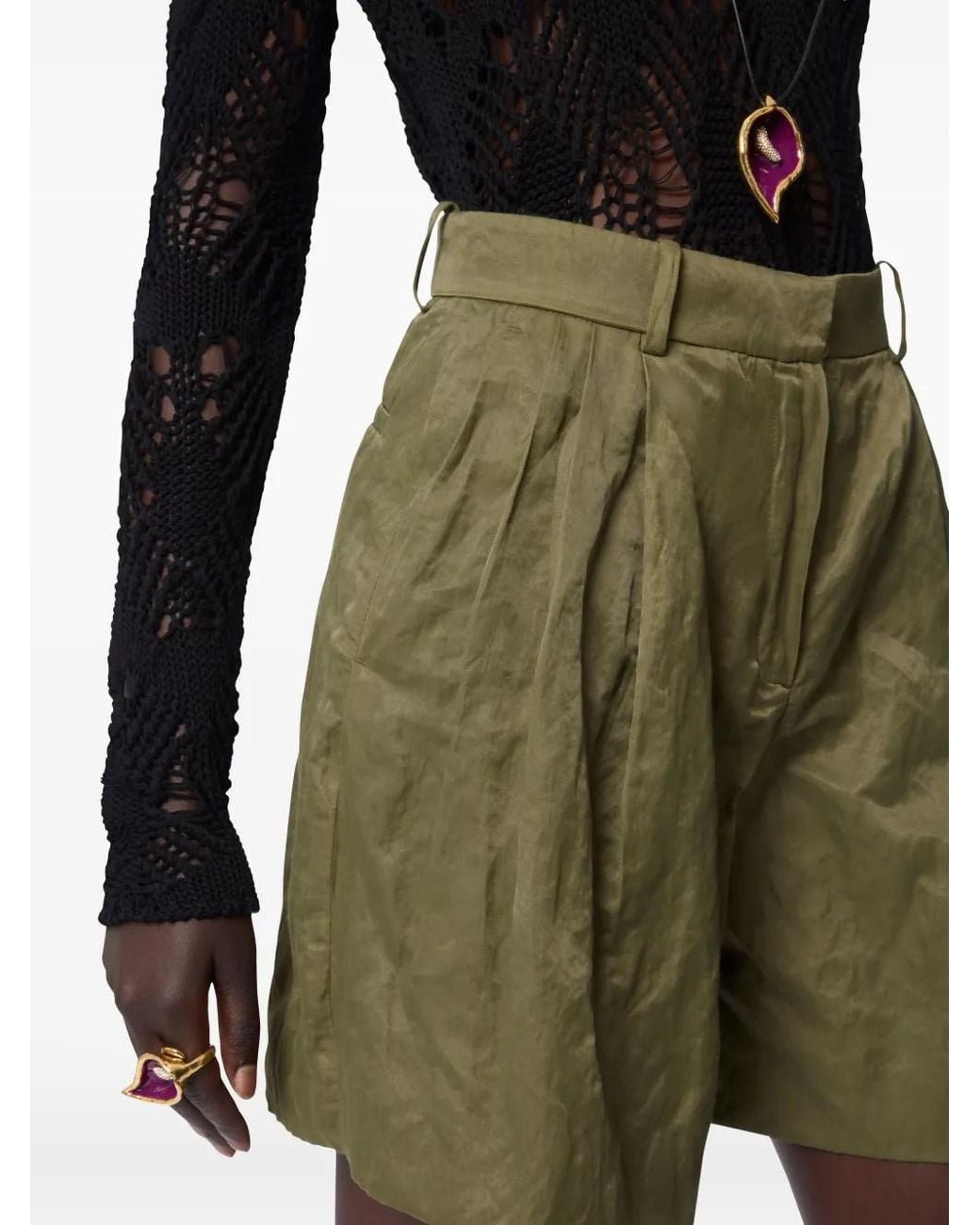 Nina Ricci Green Wrinkled-Effect Pleated Shorts