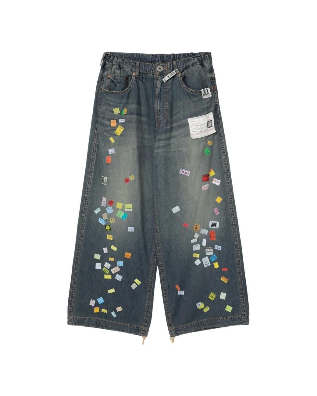 Maison Mihara Yasuhiro Blue Price-Tag Sticker Printed Wide-Leg Jeans