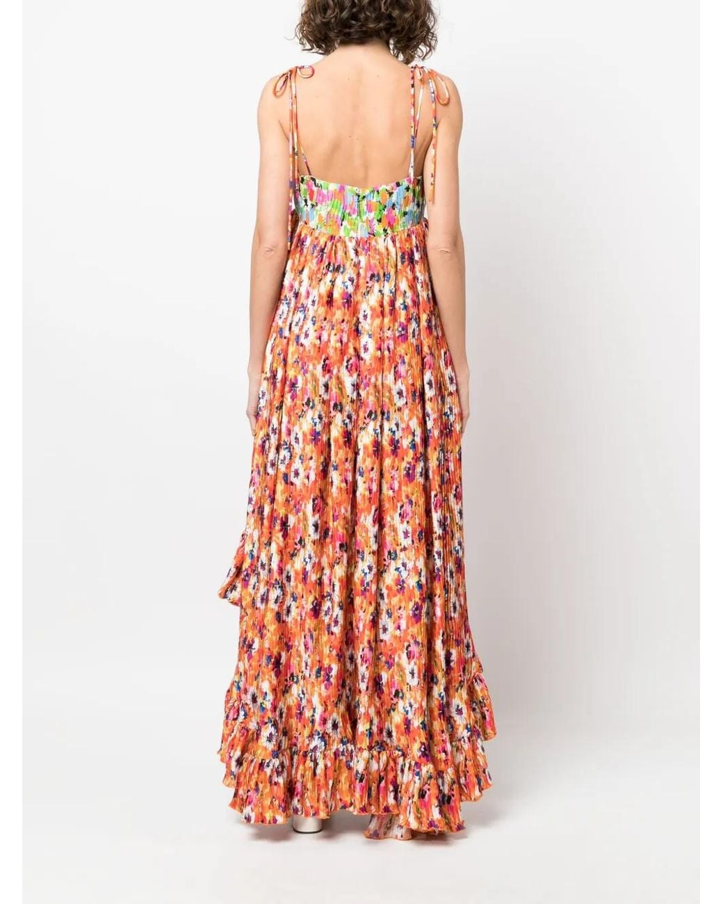 MSGM Orange Robe Longue Plissée À Fleurs