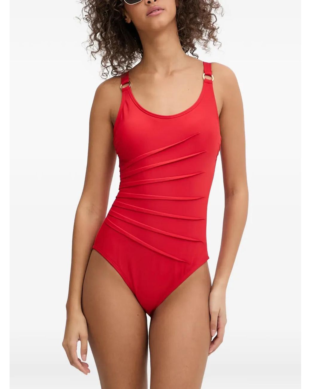 DKNY Red Pleated Ring-Detail Swimsuit