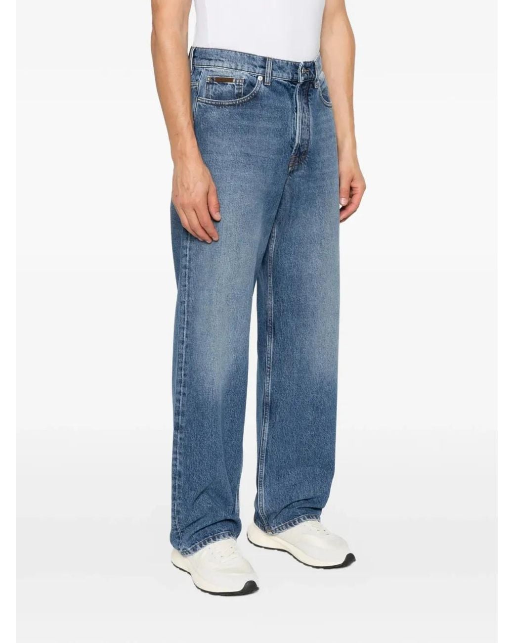Moncler Blue Logo-Patch Straight-Leg Jeans for men