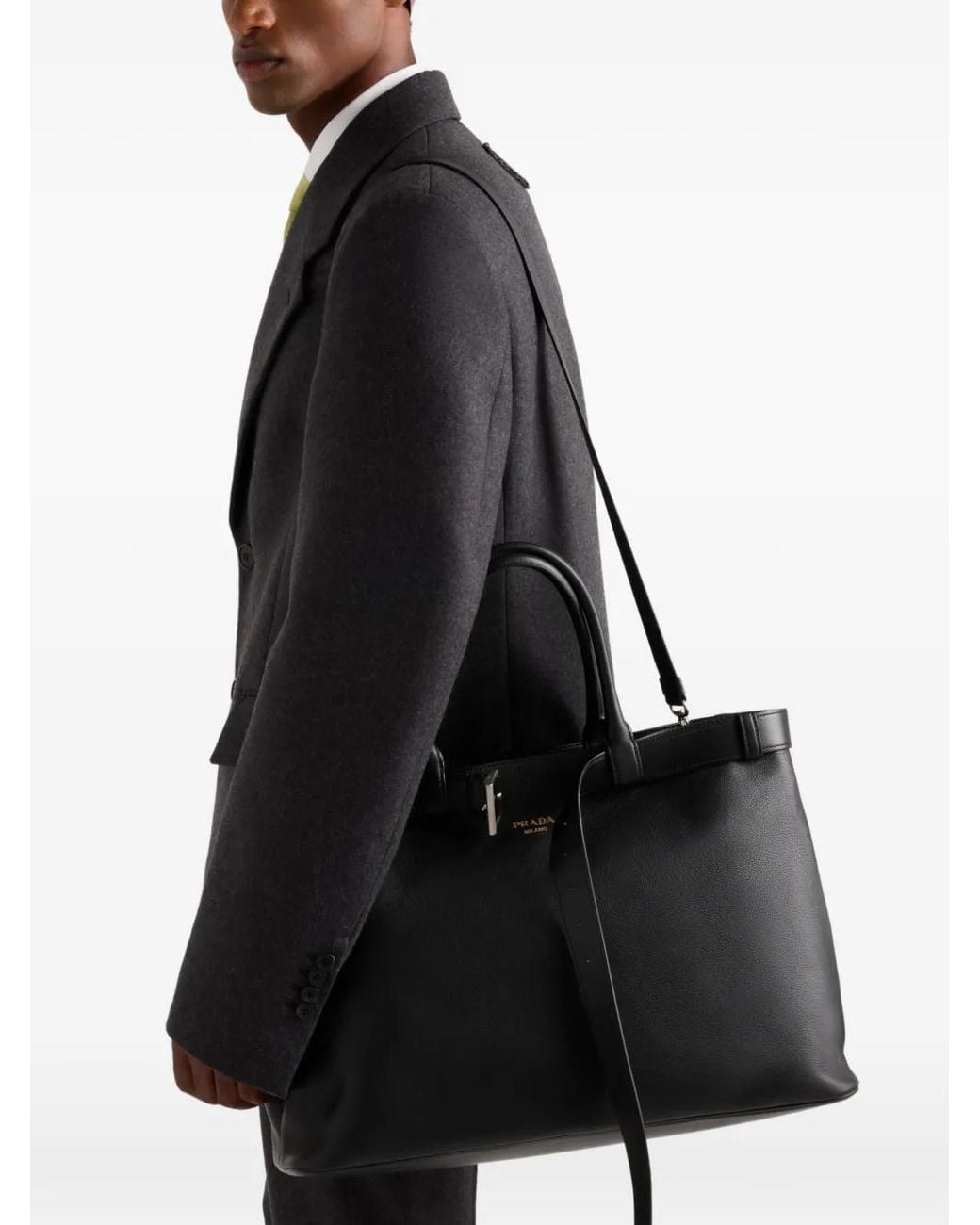 Prada Black Buckle Leather Tote Bag for men