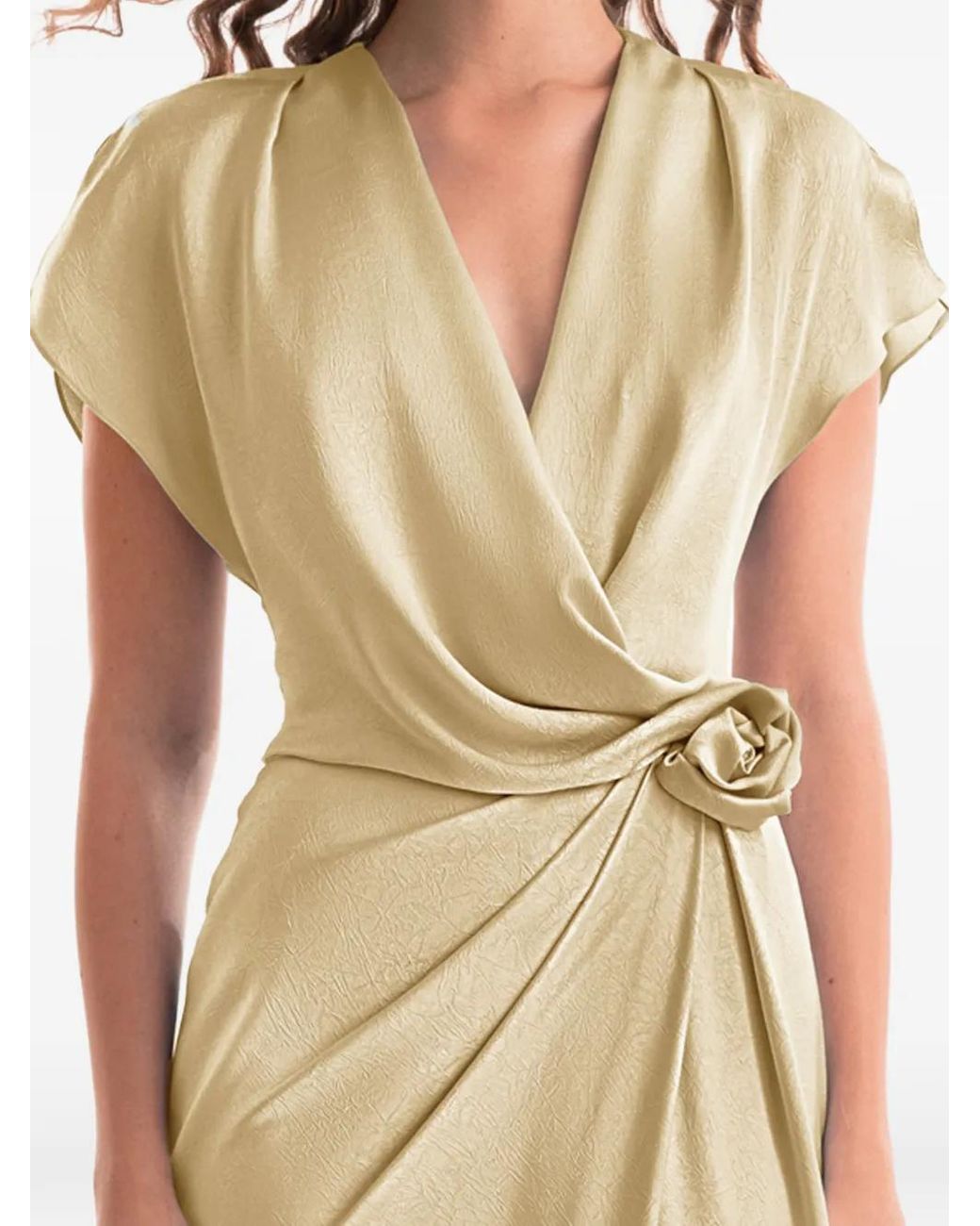 Gemy Maalouf Metallic Draped V-Neck Flower Maxi Dress