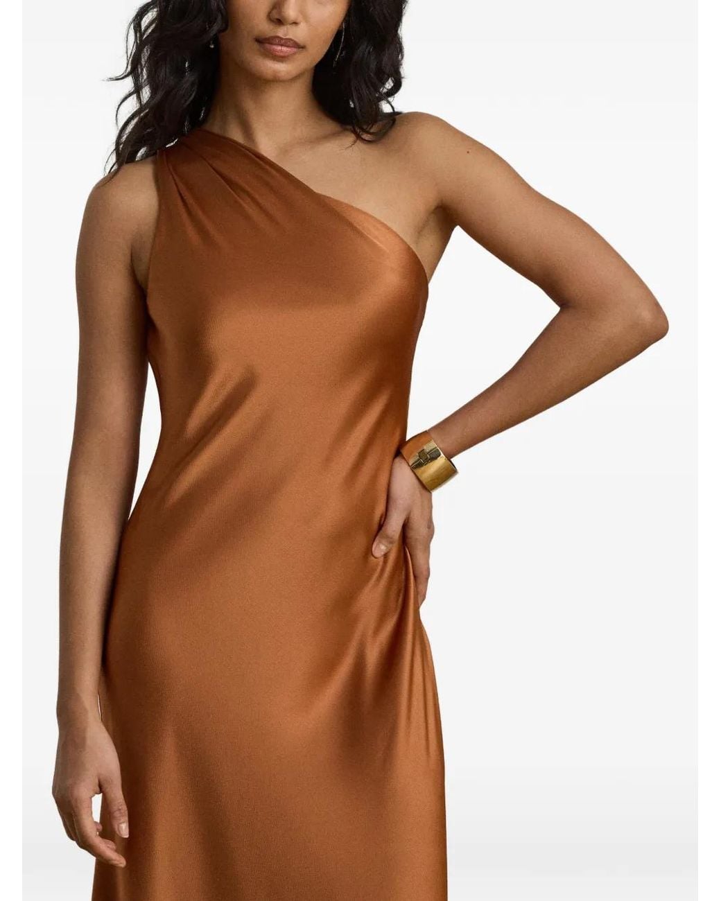 Ralph Lauren Brown One-Shoulder Satin-Finish Maxi Dress
