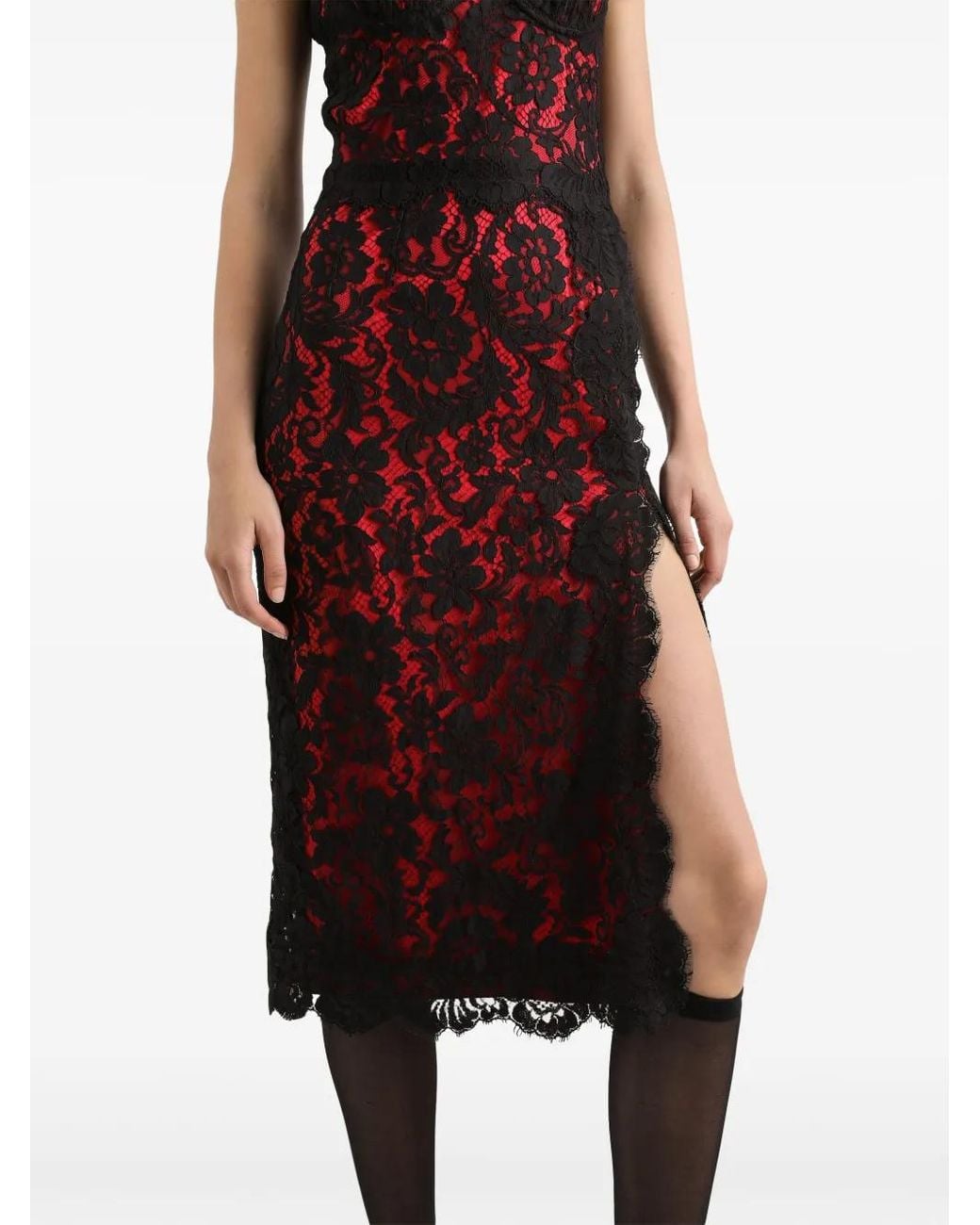 Dolce & Gabbana Floral-Lace Midi Dress in Red | Lyst UK
