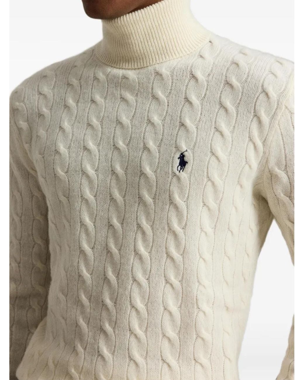 Polo Ralph Lauren White Cable Knit Wool-Cashmere Roll-Neck Sweater for men