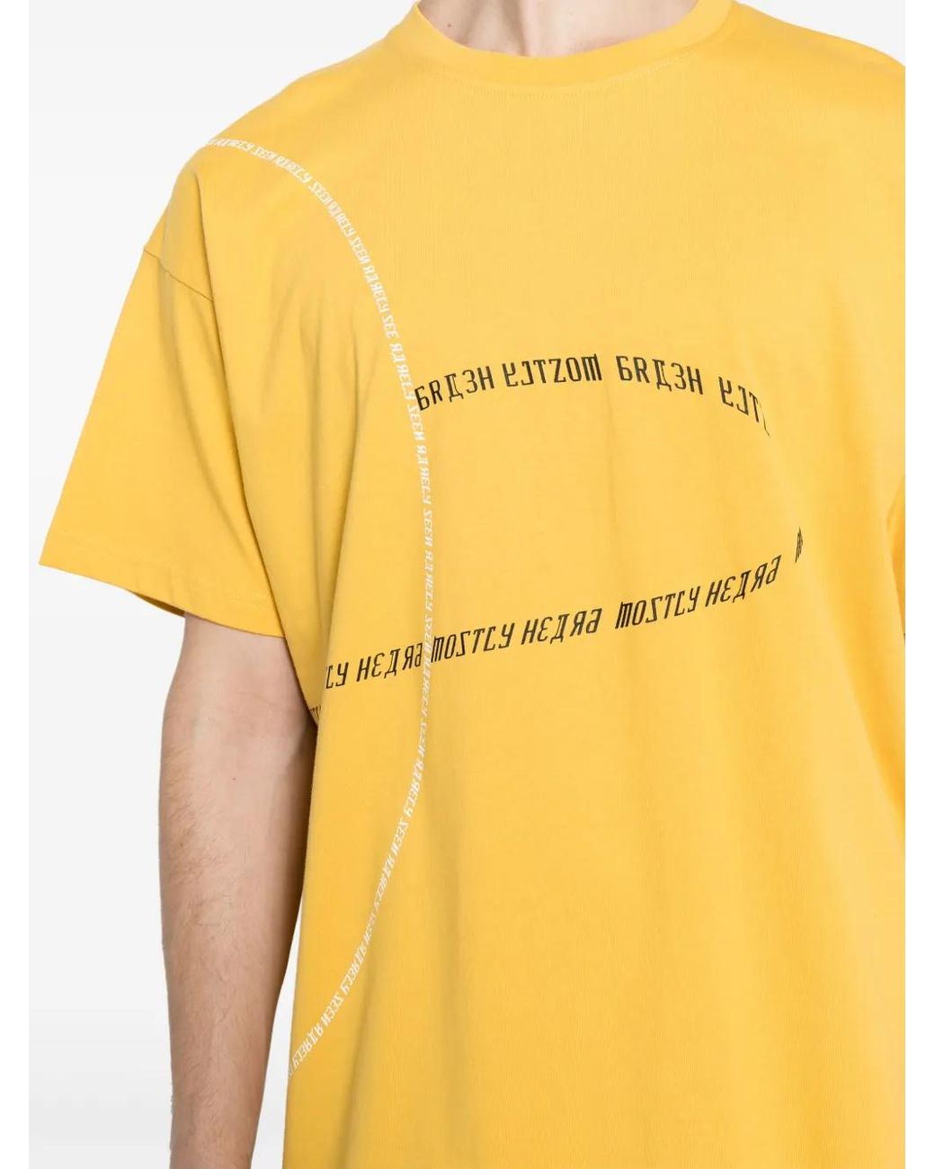 Mostly Heard Rarely Seen Yellow Orbit Slogan-Print Cotton T-Shirt for men