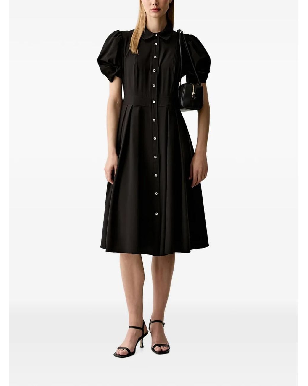DKNY Black Puff-Sleeve Pleated Midi Dress