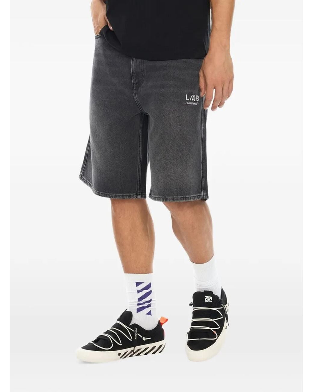 LAB C.O. OFF WHITE Black Diagonal Denim Shorts for men
