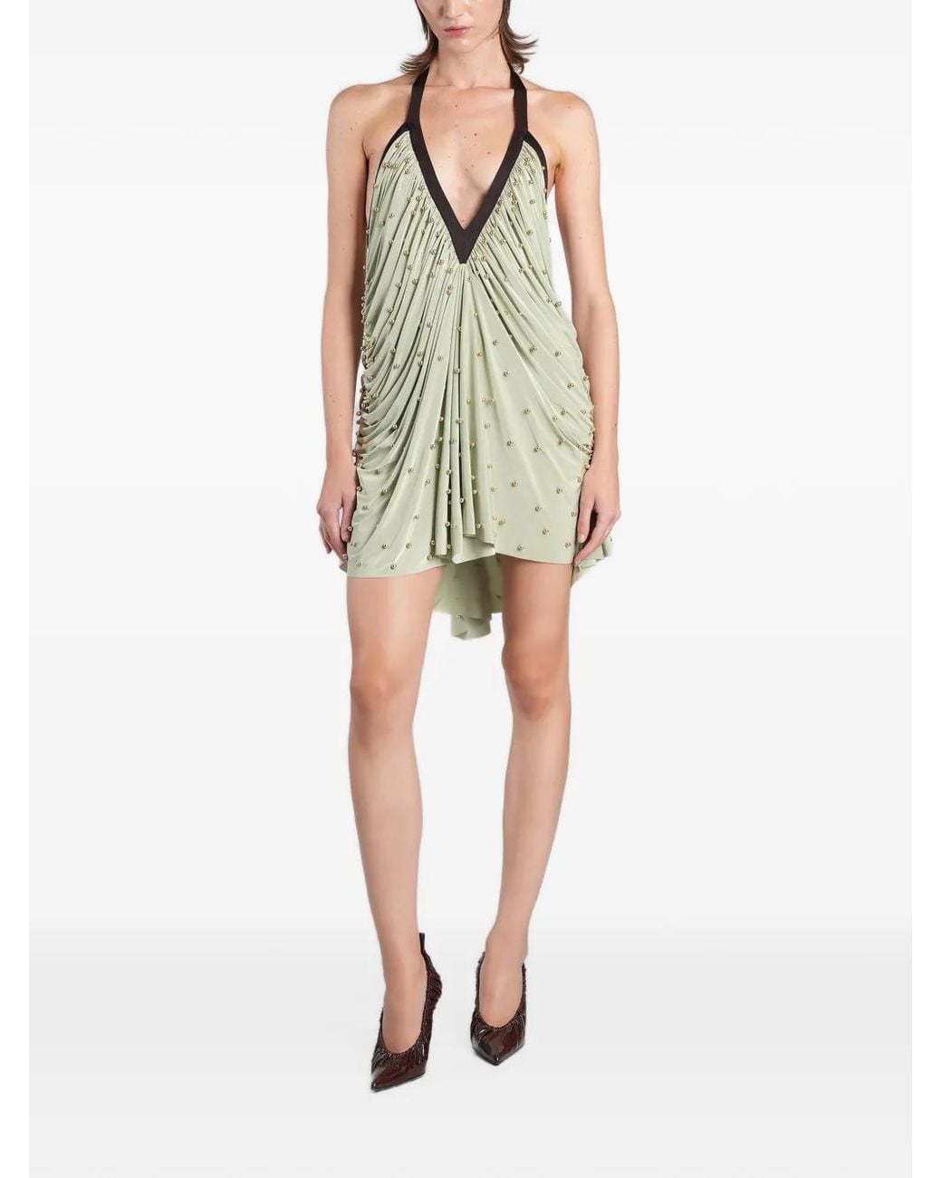 Siedres Green Sage Beaded Draped Mini Dress