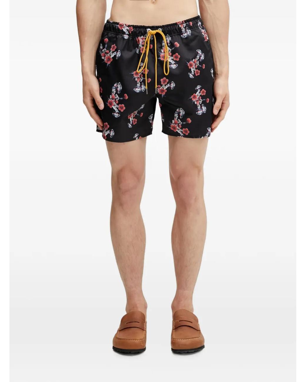 Rhude Black Short De Bain Fleuri À Lien De Resserrage for men