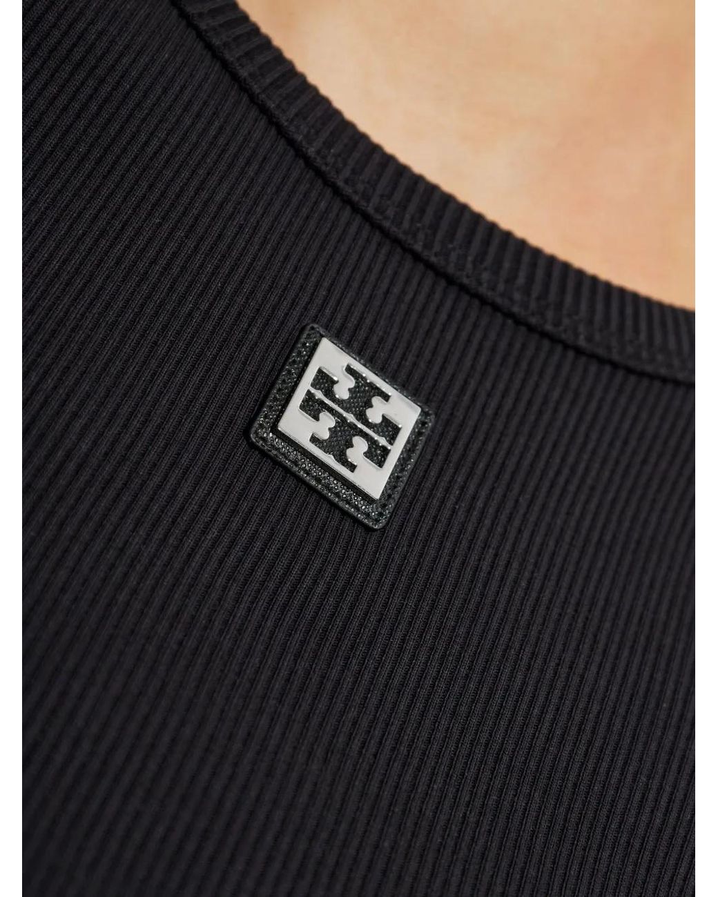 Tory Burch Black Ribbed Top With Logo Patch