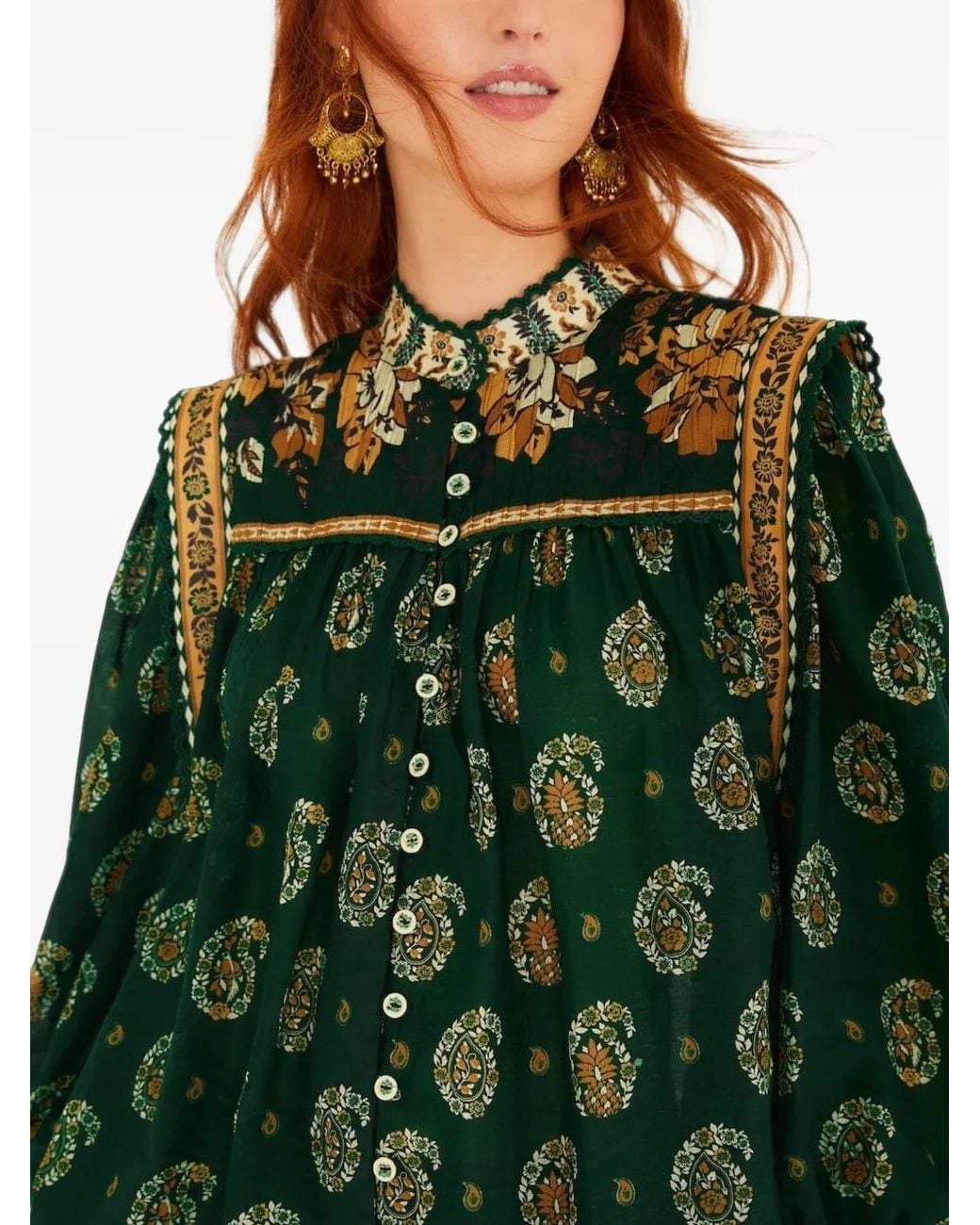 Farm Rio Green Tayla Lace Buttoned Puff Sleeve Blouse